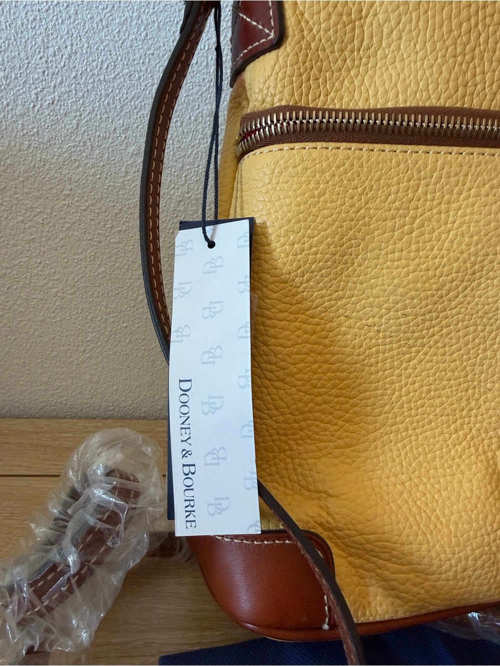 Dooney & Bourke Yellow Pebble Leather Shoulder Bag with Brown Trim